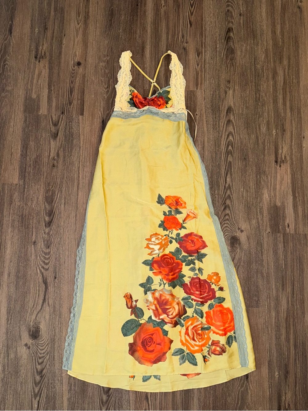 Yellow Floral Lace-Trim Maxi Dress with Red Rose Print - Picture 1 of 5